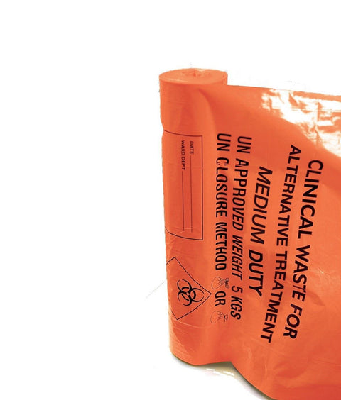 Medium Duty Clinical Waste Sacks for Alternative Treatment,15cm x 28cm� Orange, Roll of 25