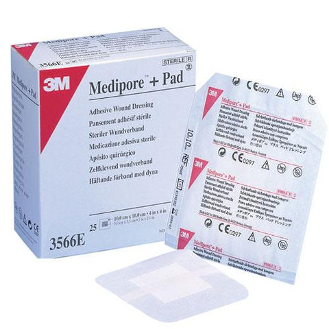 3M Medipore +Pad Soft Cloth Adhesive Wound Dressing, 10cm x 10cm, Box of 25