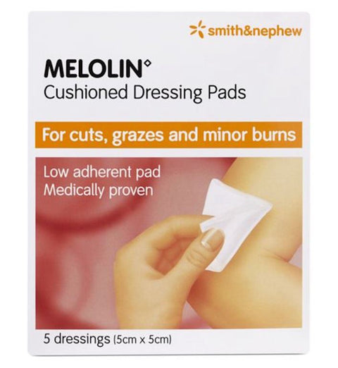 Smith & Nephew Melolin Sterile Cushioned Dressing Pads, 5cm x 5cm, Pack of 5