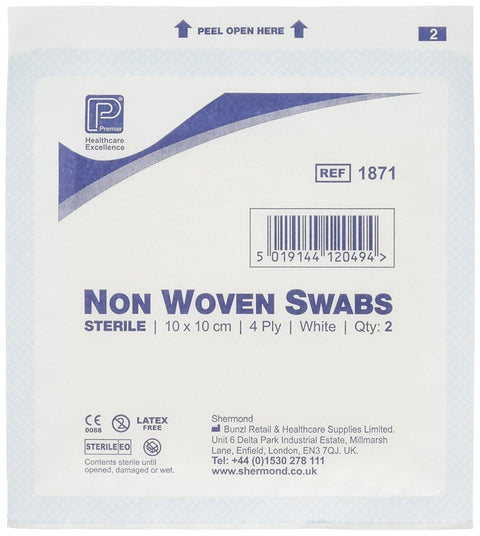 Premier Non-Woven Swabs, Sterile, 4 ply, 10cm x 10cm, 2 / Pouch, Pack of 100